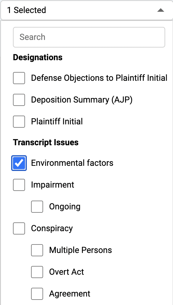 Deposition designation dropdown showing issues and sub-issues in Nextpoint