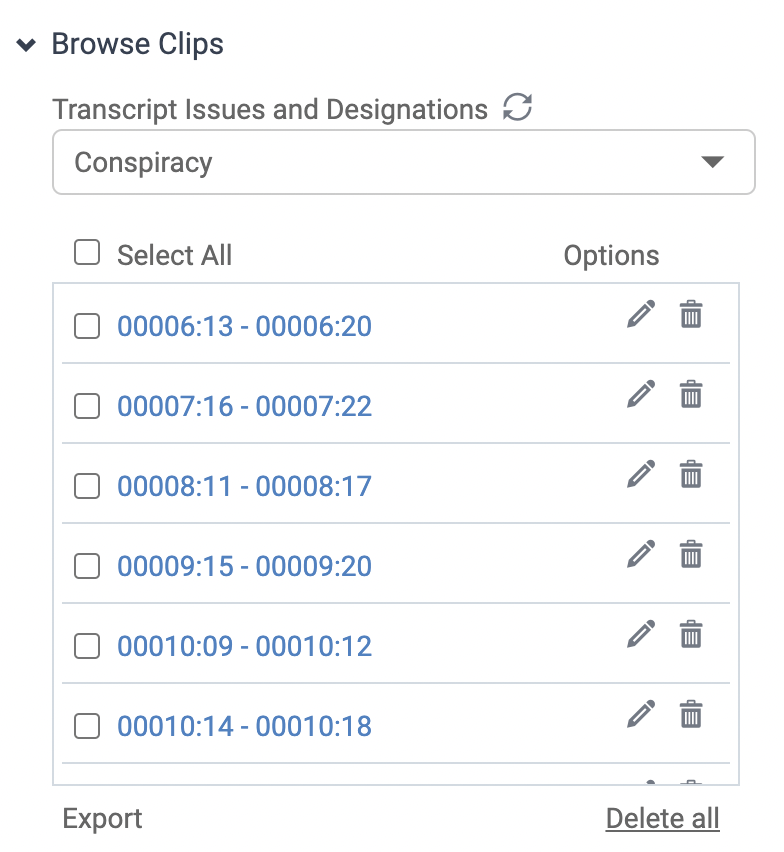 Transcript timestamp list in Nextpoint allowing users to jump to specific sections