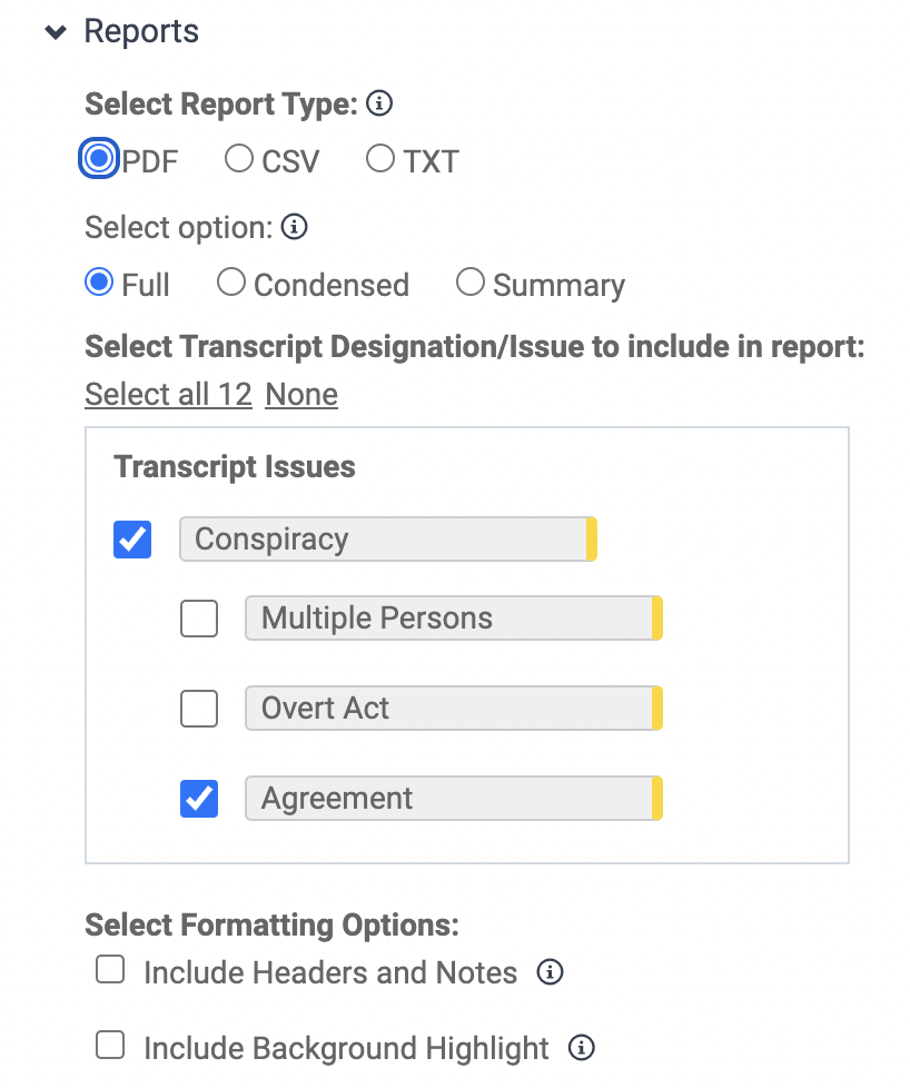 Nextpoint report builder showing options to select report type, designations, and formatting