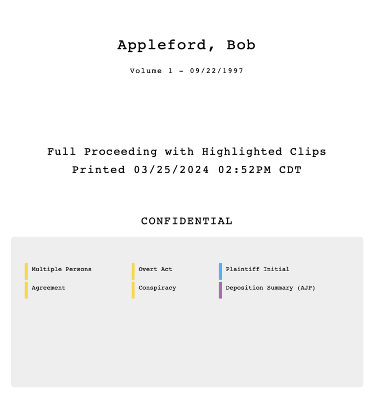 A full PDF report generated from Nextpoint's transcript management platform showing highlighted clips and designation legend