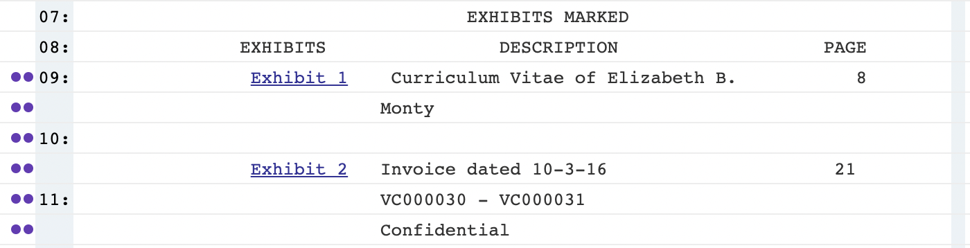 Transcript view in Nextpoint showing hyperlinked exhibit references in the transcript text