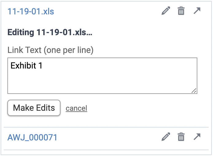 Nextpoint interface showing link text field for a document to create hyperlinks across a transcript